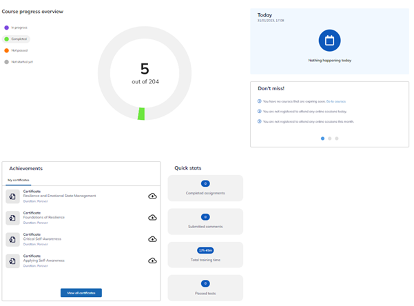 You can also see your Course Progress Overview at the bottom of the Home page (simply scroll down).